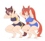  2girls animal_ears arms_behind_head arms_up bare_arms bare_legs barefoot bike_shorts brown_eyes brown_hair clenched_teeth collarbone daiwa_scarlet_(umamusume) feet full_body grimace hair_ornament hair_over_one_eye hanzo_(2929) long_hair looking_to_the_side looking_up multiple_girls one_eye_closed open_mouth orange_hair puddle red_eyes simple_background sports_bra sportswear squatting stomach sweat sweatdrop teeth thighs tiara toned umamusume very_long_hair vodka_(umamusume) white_background 