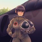  1girl absurdres aircraft airplane bangs black_hair blue_sky brown_eyes closed_mouth fighter_jet hair_between_eyes hat helmet highres jet looking_at_viewer military military_hat military_uniform military_vehicle mole mole_under_mouth original outdoors short_hair sky solo uniform willy_pete 