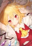  1girl ascot blonde_hair closed_mouth commentary_request crystal flandre_scarlet hair_between_eyes hands_up honotai long_hair looking_at_viewer lying no_hat no_headwear on_back on_bed one_side_up red_eyes red_skirt red_vest shirt short_sleeves skirt solo touhou upper_body vest white_shirt wings yellow_neckwear 