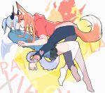  2girls animal_ear_fluff animal_ears arknights barefoot black_pants black_skirt blue_hair blue_sweater chinese_commentary commentary_request dragon_girl dragon_horns dragon_tail drawn_wings eye_contact fire fox_ears fox_girl fox_tail franka_(arknights) from_side full_body grey_background highres holding_hands hood hood_down hoodie horns interlocked_fingers liskarm_(arknights) long_hair long_sleeves looking_at_another multiple_girls noses_touching pants ponytail profile red_eyes red_hoodie skirt sleeves_rolled_up soles sweater tail thigh-highs toes white_legwear xiao_lu yellow_background yuri 