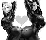  2girls arms_behind_head arms_up ass breasts daraz18aka greyscale heart highres large_breasts long_hair looking_at_viewer monochrome multiple_girls one-punch_man short_hair simple_background smile sweat white_background 