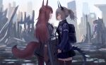  2girls absurdres animal_ears arknights backpack bag black_legwear black_shirt black_skirt blue_jacket brown_eyes brown_gloves brown_hair building chinese_commentary closed_mouth commentary_request cowboy_shot day dragon_horns dragon_tail elbow_gloves fox_ears fox_girl fox_tail franka_(arknights) gloves gun half_updo handgun highres holding holding_gun holding_shield holding_sword holding_weapon horns id_card jacket liskarm_(arknights) long_hair long_sleeves multiple_girls open_clothes open_jacket outdoors pantyhose pistol ponytail profile ruins serious shield shirt silver_hair skirt sky sword tail thigh-highs weapon xiaoandap 