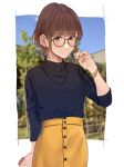  1girl arm_behind_back bangs blue_shirt blue_sky blurry blurry_background blush bracelet brown_eyes brown_hair closed_mouth earrings glasses hand_up highres jewelry long_sleeves looking_at_viewer nail_polish necklace original outdoors pencil_skirt saitou_(lynx-shrike) shirt short_hair skirt sky smile solo standing turtleneck yellow-framed_eyewear yellow_skirt 