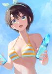  1girl alternate_costume aqua_eyes bangs bikini blue_eyes bottle bow_hairband breasts brown_hair hair_ribbon hairband highres hololive makimaki_makky7 oozora_subaru open_mouth ribbon short_hair small_breasts solo striped striped_bikini swimsuit two-tone_bikini virtual_youtuber water_bottle yellow_bikini 