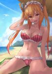  1girl bangs beach beach_chair beach_towel beach_umbrella bikini bird blonde_hair blush breasts clouds collarbone colored_tips day dragon_girl dragon_horns eyebrows_visible_through_hair fang frilled_bikini frills gradient_hair hand_in_hair highres horns ito_t20a kobayashi-san_chi_no_maidragon large_breasts long_hair maid_headdress multicolored_hair navel ocean open_mouth orange_hair sand seagull sidelocks sitting sky slit_pupils smile solo swimsuit tohru_(maidragon) towel twintails umbrella wariza water 