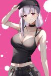  1girl absurdres alternate_costume asashin_(asn) baseball_cap black_headwear black_tank_top breasts fate/grand_order fate_(series) grey_hair hat highres kama_(fate) large_breasts licking_lips long_hair low_twintails red_eyes smile solo tank_top tongue tongue_out twintails upper_body 