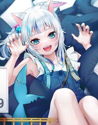  1girl :d absurdres animal_ears bangs blue_eyes blue_hair blush cat_ears fish_tail gawr_gura hair_cubes hair_ornament highres hololive hololive_english looking_at_viewer multicolored_hair official_alternate_costume open_mouth ponytail revision shark_tail sharp_teeth silver_hair smile solo stitches streaked_hair stuffed_animal stuffed_shark stuffed_toy suzu_(tonami0726) tail teeth virtual_youtuber 