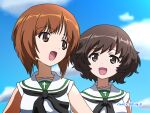  2girls :d adapted_uniform akiyama_yukari artist_name bangs black_neckwear blouse blue_sky brown_eyes brown_hair clouds cloudy_sky commentary dated day eyebrows_visible_through_hair girls_und_panzer looking_at_another looking_back messy_hair multiple_girls naotosi neckerchief nishizumi_miho ooarai_school_uniform open_mouth outdoors sailor_collar school_uniform serafuku short_hair sky sleeveless smile white_blouse white_sailor_collar 