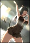 1girl absurdres animal_ears armpits backlighting black_hair blush breasts cat_ears cat_girl cat_tail highres lingerie long_hair one_eye_closed open_mouth original panties side-tie_panties sokra4sokra4 solo stretch tail thighs underwear yawning yellow_eyes 