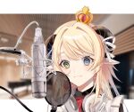  animal_ears blonde_hair blue_eyes closed_mouth collared_shirt crown goat goat_ears goat_girl goat_horns green_eyes hair_intakes headphones highres horns indie_virtual_youtuber long_hair microphone mini_crown oshi_minji ribbon second-party_source shirt virtual_youtuber white_ribbon yagisawa_yonako 