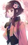  1girl black_gloves brown_eyes brown_hair character_request cherry_blossoms closed_mouth commentary_request falling_petals flower gloves hair_flower hair_ornament hand_on_own_chest hand_up highres jacket nanaponi petals pink_flower pink_jacket purple_neckwear sakura_kakumei short_hair_with_long_locks smile solo thick_eyebrows upper_body waistcoat 