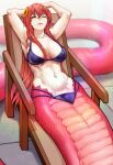  1girl absurdres arms_up bikini bikini_bottom bikini_top breasts commission commissioner_upload hair_ornament highres huge_filesize lamia large_breasts long_hair lying miia_(monster_musume) monster_girl monster_musume_no_iru_nichijou on_back one_eye_closed redhead scales scribblesquab slit_pupils solo sweat swimsuit tail yellow_eyes 