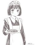  1girl alternate_costume apron blush bob_cut brown_theme closed_mouth dated dot_nose dress enmaided food holding holding_plate horikou koguma_(super_cub) long_sleeves looking_at_viewer maid maid_apron maid_headdress monochrome plate short_hair signature simple_background solo super_cub white_background 