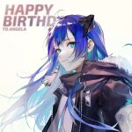 1girl ahoge arknights black_coat blue_eyes blue_hair closed_mouth coat demon_horns eyebrows_visible_through_hair fur-trimmed_coat fur_trim happy_birthday horns light_smile long_hair looking_at_viewer mostima_(arknights) nupengyoubugao open_clothes open_coat shirt simple_background smile solo turtleneck unzipped upper_body white_background white_shirt 