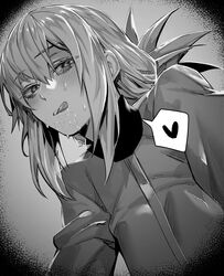  1girl :q absurdres blush eyebrows_visible_through_hair fate/grand_order fate_(series) florence_nightingale_(fate) greyscale heart highres hxd looking_at_viewer monochrome saliva short_hair smile solo spoken_heart tongue tongue_out upper_body 