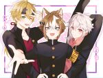  3boys alternate_costume animal_ears arm_up armband bangs black_jacket blonde_hair blue_eyes brown_hair crossed_bangs fake_horns fangs fox_boy fox_ears gakuran genshin_impact goroo_(eneosu) gorou_(genshin_impact) green_eyes hair_between_eyes hair_ornament hands_on_hips headband highres hood hood_down horned_headwear horns jacket kaedehara_kazuha long_sleeves male_focus multicolored_hair multiple_boys one_eye_closed open_mouth ponytail red_eyes red_shirt redhead school_uniform shirt smile streaked_hair stretch thoma_(genshin_impact) upper_body white_hair 