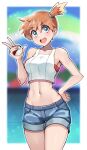  1girl :d bangs bare_arms blue_eyes blush border breasts buttons commentary cowboy_shot eyebrows_visible_through_hair eyelashes hair_between_eyes hair_tie hand_on_hip hand_up highres holding holding_poke_ball looking_at_viewer midriff misty_(pokemon) navel one_side_up open_mouth orange_hair outside_border poke_ball poke_ball_(basic) pokemon pokemon_(game) pokemon_lgpe shiny shiny_skin shirt short_shorts shorts sleeveless sleeveless_shirt smile solo tied_hair tongue upper_teeth w white_border white_shirt yasu_suupatenin 