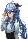  1girl ahoge blue_hair blush breasts collarbone contemporary day_(user_aasx8552) eyebrows_visible_through_hair ganyu_(genshin_impact) genshin_impact glasses goat_horns hand_on_eyewear highres horns long_hair long_sleeves looking_at_viewer medium_breasts office_lady simple_background solo violet_eyes white_background 