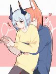  ! 2girls animal_ears arknights black_pants blue_hair blue_shirt bright_pupils chinese_commentary closed_eyes closed_mouth collarbone commentary_request cowboy_shot expressionless fox_ears franka_(arknights) hands_up heart highres hug hug_from_behind liskarm_(arknights) long_hair long_sleeves multiple_girls orange_hair pants ponytail red_eyes shirt sleeves_past_wrists spoken_exclamation_mark sweater white_pupils xiao_lu yellow_sweater yuri 