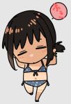  1girl adapted_costume bikini black_hair blue_bikini chibi closed_eyes ergot fubuki_(kancolle) full_body grey_background kantai_collection long_hair low_ponytail polka_dot polka_dot_bikini ponytail short_ponytail sidelocks solo swimsuit tan tanlines x_navel 