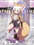  1girl :3 absurdres alternate_costume animal_ear_fluff animal_ears bag bangs bare_legs belt black_hair blonde_hair brown_eyes casual closed_mouth coat contemporary extra_ears eyebrows_visible_through_hair fennec_(kemono_friends) fox_ears fox_girl fox_tail full_body hand_up highres iwa_(iwafish) jewelry kemono_friends medium_hair multicolored_hair open_clothes open_coat pendant shirt shoes shorts shoulder_bag silhouette solo_focus standing standing_on_one_leg striped striped_shirt tail waiting watch watch white_hair 