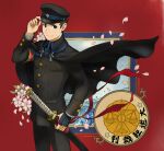  1boy black_eyes black_hair black_headwear black_jacket black_pants closed_mouth cowboy_shot dai_gyakuten_saiban gakuran gyakuten_saiban hand_up hat holding holding_sword holding_weapon jacket katana long_sleeves looking_at_viewer male_focus mikami naruhodou_ryuunosuke pants red_background scabbard school_uniform sheath sheathed short_hair smile solo standing sword weapon 