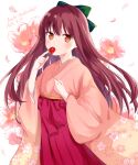  1girl bangs blush bow brown_eyes brown_hair character_name chiune_(yachi) dated eyebrows_visible_through_hair floral_background floral_print flower food fruit green_bow hair_bow hakama hands_up highres japanese_clothes kimono long_hair long_sleeves looking_at_viewer madenokouji_asahi petals pink_flower pink_kimono print_kimono red_hakama solo strawberry tsumugu_otome_to_taishou_no_tsuki very_long_hair white_background wide_sleeves 