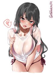  1girl alternate_costume between_legs bikini black_hair blush breast_press breasts collarbone cowboy_shot ebifurya embarrassed eyebrows_visible_through_hair fang hair_between_eyes hair_down hand_on_own_chest heavy_breathing highres kantai_collection large_breasts lifted_by_self long_hair looking_at_viewer multicolored_hair naganami_(kancolle) pink_hair purple_bikini purple_swimsuit see-through shirt simple_background solo string_bikini swimsuit t-shirt twitter_username two-tone_hair wavy_hair wet wet_clothes wet_shirt white_background white_shirt 