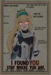  1girl black_gloves blonde_hair english_text gamryous girls_frontline gloves glowing glowing_eyes green_headband hair_intakes hairband headband highres i_want_you long_hair parody ponytail poster_(medium) red_eyes sidelocks smile solo sv-98_(girls_frontline) upper_body 