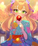  1girl blonde_hair blurry blush candy candy_apple collarbone covered_mouth depth_of_field eyebrows_visible_through_hair flower food glint green_eyes hair_flower hair_ornament highres holding holding_candy holding_food idolmaster idolmaster_cinderella_girls idolmaster_cinderella_girls_starlight_stage japanese_clothes jougasaki_rika kawahara_chisato kimono looking_at_viewer print_kimono solo summer_festival two_side_up upper_body 