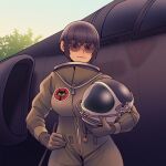  1girl absurdres aircraft airplane bangs black_hair blue_sky brown_eyes closed_mouth fighter_jet glasses hair_between_eyes hat helmet highres jet looking_at_viewer military military_hat military_uniform military_vehicle mole mole_under_mouth original outdoors short_hair sky solo uniform willy_pete 