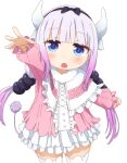  1girl absurdres bangs beads blue_eyes blunt_bangs blush capelet cowboy_shot dragon_girl dragon_horns dress eyebrows_visible_through_hair hair_beads hair_ornament highres horns kanna_kamui kobayashi-san_chi_no_maidragon long_hair long_sleeves low_twintails open_mouth pink_dress purple_hair short_dress simple_background solo tail thigh-highs twintails white_background white_capelet white_legwear yaaben 