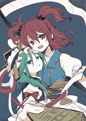  2girls asymmetrical_hair bangs blue_background blue_eyes blue_vest frilled_hat frills green_hair hair_between_eyes hair_bobbles hair_ornament hat holding japanese_clothes long_hair multiple_girls nagasioo obi onozuka_komachi open_mouth parted_lips red_eyes redhead rod_of_remorse sash scythe shiki_eiki short_hair simple_background sketch touhou two_side_up upper_body vest weapon 