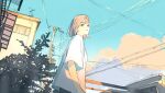  1girl blue_sky building closed_mouth clouds commentary_request from_side grey_eyes highres light_brown_hair looking_at_viewer original power_lines railing shirt short_hair short_sleeves sky solo tree upper_body utility_pole wamizu white_shirt 
