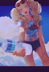  1girl alternate_costume blonde_hair blue_eyes clouds earrings highres jewelry necklace persona persona_5 plastic_bottle sageo_yn shirt short_shorts shorts sunglasses takamaki_anne twintails white_shirt 