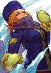  1girl blonde_hair blue_eyes blue_headwear blue_jacket breasts cowboy_shot fur_hat gloves hankuri hat jacket kolin long_sleeves looking_at_viewer medium_breasts mittens purple_scarf red_skirt scarf scarf_over_mouth skirt solo street_fighter upper_body yellow_gloves 