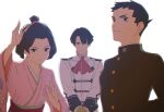  1girl 2boys ascot asogi_kazuma bangs black_eyes black_hair black_jacket closed_mouth dai_gyakuten_saiban dai_gyakuten_saiban_2 fighting_stance frown gakuran gyakuten_saiban hair_tie hands_up highres holding holding_sword holding_weapon jacket japanese_clothes katana kimono long_sleeves looking_at_viewer mikotoba_susato multiple_boys naruhodou_ryuunosuke pink_kimono red_neckwear school_uniform short_hair simple_background so_(user_23199496) spoilers sword updo upper_body weapon white_background white_jacket wide_sleeves 