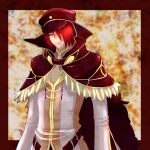  1boy bangs belt black_capelet black_headwear border brown_belt capelet closed_mouth commentary fur-trimmed_capelet fur_trim hair_between_eyes hair_over_one_eye hat high_collar high_wizard_(ragnarok_online) long_sleeves looking_at_viewer male_focus mit_(necomit) outside_border peaked_cap ragnarok_online red_border red_eyes redhead shirt short_hair solo upper_body white_shirt yellow_background 