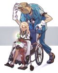  1boy 1girl bag bag_over_head bandaged_arm bandaged_leg bandages blonde_hair cape clover covered_face faust_(guilty_gear) four-leaf_clover gloves guilty_gear guilty_gear_strive hat hat_removed headwear_removed highres paper_bag ramlethal_valentine stethoscope wheelchair white_cape 
