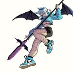  1girl absurdres bat_wings belly bird blue_eyes blue_sweater demon_girl eiki fingernails full_body highres holding holding_weapon horns long_fingernails looking_at_viewer nike original shoes short_hair shorts smile sneakers solo sparrow sweater weapon white_background white_hair wings 