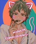  1boy animal_ears bangs blue_background blush brown_eyes brown_hair character_name commentary_request commission dangan_ronpa_(series) dangan_ronpa_2:_goodbye_despair fake_animal_ears fake_tail fake_whiskers green_background green_eyes grey_shirt hand_up headset heart highres hinata_hajime jeong_geun_i long_sleeves looking_at_viewer male_focus open_mouth red_background shirt short_hair smile solo tail upper_body 