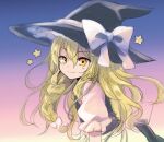  1girl apron bangs black_dress black_headwear blonde_hair bow braid dress gradient gradient_background hair_between_eyes hat hat_bow kirisame_marisa long_hair nagasioo short_sleeves simple_background single_braid sketch smile solo star_(symbol) touhou white_apron white_bow witch_hat yellow_eyes 