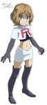  1girl absurdres bangs black_footwear black_gloves blue_eyes boots brown_hair closed_mouth cosplay crop_top elbow_gloves full_body gloves hair_between_eyes highres holding holding_poke_ball jessie_(pokemon) jessie_(pokemon)_(cosplay) looking_at_viewer medium_hair midriff navel poke_ball pokemon pokemon_(anime) pokemon_xy_(anime) serena_(pokemon) shiijisu shiny shiny_hair signature simple_background smile solo standing stomach team_rocket_uniform thigh-highs thigh_boots white_background zettai_ryouiki 