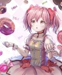  1girl bow breasts bubble_skirt choker commentary_request doughnut food gloves hair_bow hands_up highres kaname_madoka looking_up magical_girl mahou_shoujo_madoka_magica open_mouth pink_bow pink_eyes puffy_short_sleeves puffy_sleeves red_choker short_hair short_sleeves short_twintails skirt small_breasts solo soul_gem sweets teeth twintails ukiukikiwi2525 upper_body upper_teeth white_gloves 
