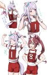  2girls alternate_hairstyle animal_ears blue_eyes brown_hair eyebrows_visible_through_hair gym_shirt hair_between_eyes high_ponytail highres horse_ears horse_girl horse_tail long_hair mejiro_mcqueen_(umamusume) misu_kasumi multicolored_hair multiple_girls ponytail purple_hair red_shorts shirt short_sleeves shorts simple_background tail tokai_teio_(umamusume) translation_request two-tone_hair umamusume violet_eyes white_background white_hair white_shirt 