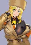  1girl ashiomi_masato breasts fingerless_gloves fur_hat gloves guilty_gear guilty_gear_strive hat long_hair looking_at_viewer millia_rage simple_background solo white_background 