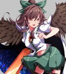  1girl absurdres arm_cannon bangs bird_wings black_legwear brown_eyes brown_hair cape center_frills eyebrows_visible_through_hair feathered_wings frilled_skirt frills gokuu_(acoloredpencil) green_ribbon green_skirt hair_between_eyes hair_ribbon highres long_hair looking_to_the_side navel open_mouth puffy_short_sleeves puffy_sleeves reiuji_utsuho ribbon short_sleeves skirt solo thigh-highs third_eye touhou weapon wings 