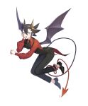 1boy alternate_costume bangs black_footwear blue_eyes buttons demon_boy from_side full_body grimsley_(pokemon) hair_between_eyes highres horns jabot long_sleeves looking_at_viewer male_focus mongguri pants pokemon pokemon_(game) pokemon_bw shiny shiny_hair shirt shoes simple_background solo spiky_hair symbol-only_commentary tail vest wings 