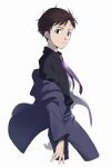  11kkr 1boy black_shirt blue_eyes blue_jacket blue_suit brown_hair closed_mouth formal highres ikari_shinji jacket looking_at_viewer necktie neon_genesis_evangelion purple_neckwear shirt short_hair simple_background solo standing suit white_background 