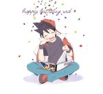  1boy absurdres backwards_hat bangs baseball_cap blush brown_hair character_print closed_eyes commentary_request confetti hagetapo happy_birthday hat highres holding jacket jacket_on_shoulders male_focus open_mouth pants pokemon pokemon_adventures red_(pokemon) shirt shoes short_hair sitting smile solo tongue turning_page wristband 